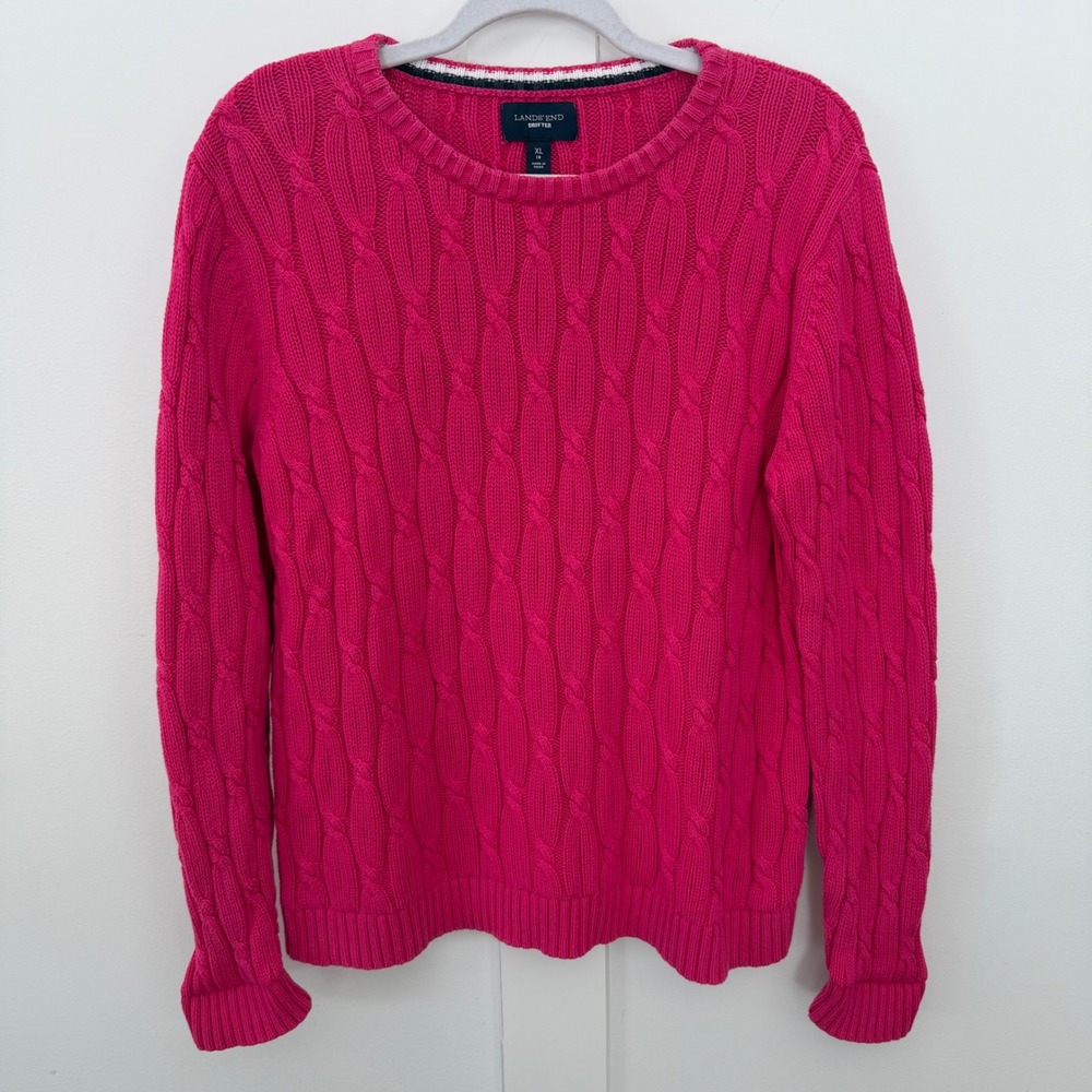 Lands' End Women's Pink Drifter Cable Knit Sweater Chunky Preppy 100% Cotton XL
